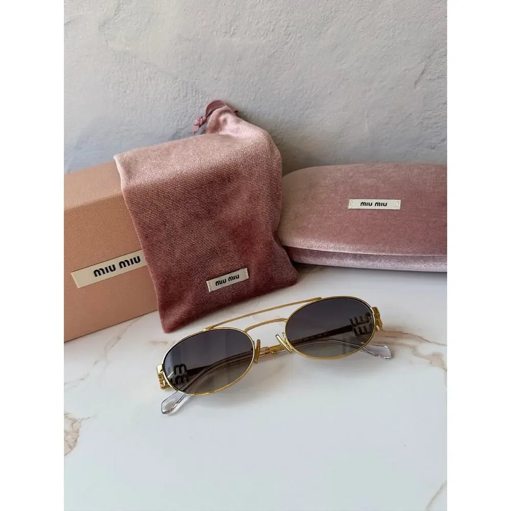 NEW Miu Miu MU54ZS Gold Grey Oval Metal Sunglasses